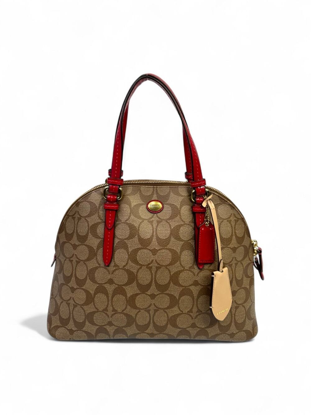 Coach Peyton Signature Cora Domed Satchel Khaki Red Coated Canvas Leather F24606